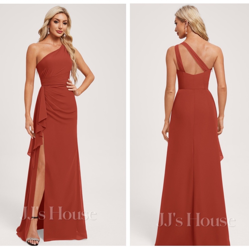 JJ's House Gown Womens 2 Vermilion Orange One‎ Shoulder Ruched Slit Formal Dress